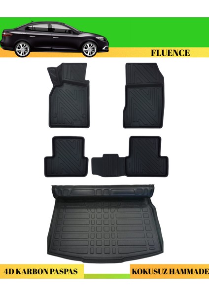 Renault Fluence 2007+ Araca Özel Üretim 4d Havuzlu Karbon Paspas Takımı + 3D Bagaj Havuzu