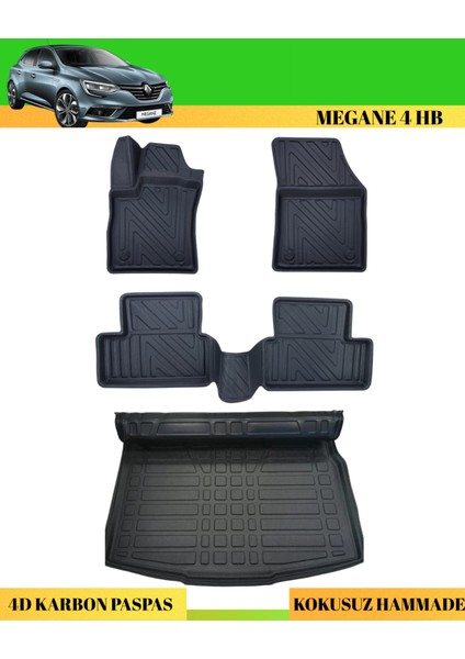 Renault Megane 4 Hb 2016+ Araca Özel Üretim 4d Havuzlu Karbon Paspas Takımı + 3D Bagaj Havuzu