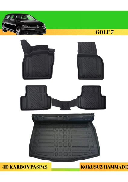Volkswagen Golf 7 Araca Özel Üretim 4d Havuzlu Karbon Paspas Takımı + 3D Bagaj Havuzu