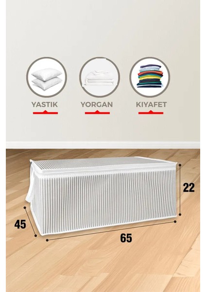 Alas Gri Çizgili Fermuarlı Hurç Yastık-Yorgan-Kıyafet Düzenleyici 64*45*22 cm fiyatları