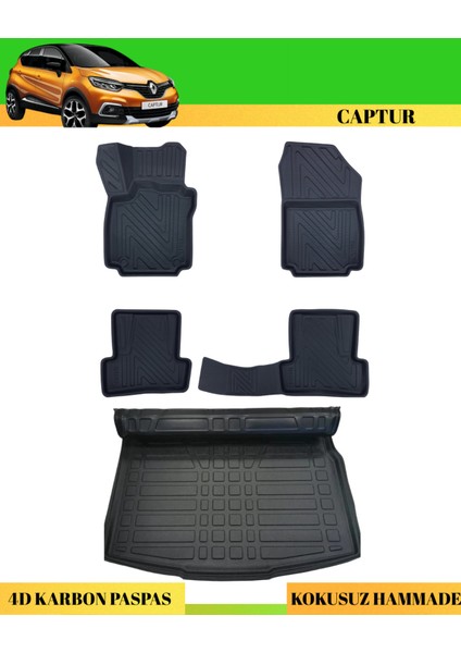 Renault Captur 2013-2019 Araca Özel Üretim 4d Havuzlu Karbon Paspas Takımı + 3D Bagaj Havuzu
