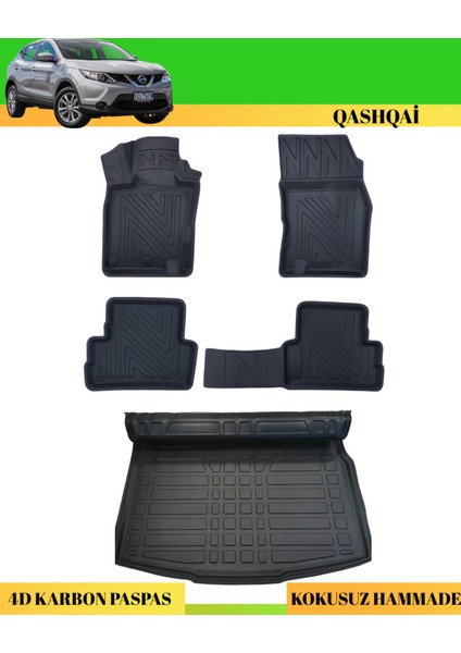 Nissan Qashqai 2014-2020 Araca Özel Üretim 4d Havuzlu Karbon Paspas Takımı + 3D Bagaj Havuzu Üst