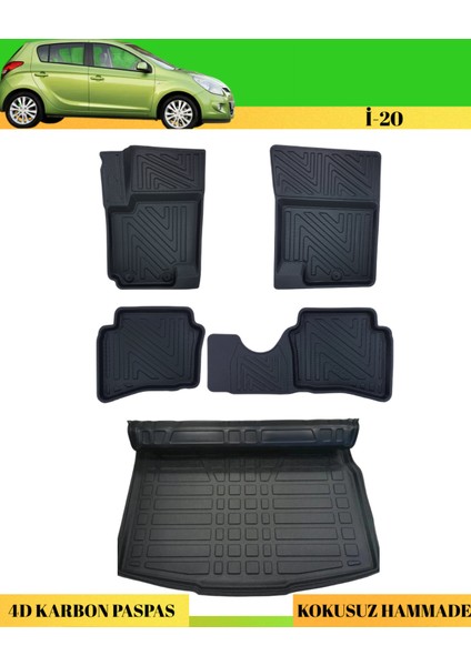 Hyundai I20 2008-2014 Araca Özel Üretim 4d Havuzlu Karbon Paspas Takımı + 3D Bagaj Havuzu
