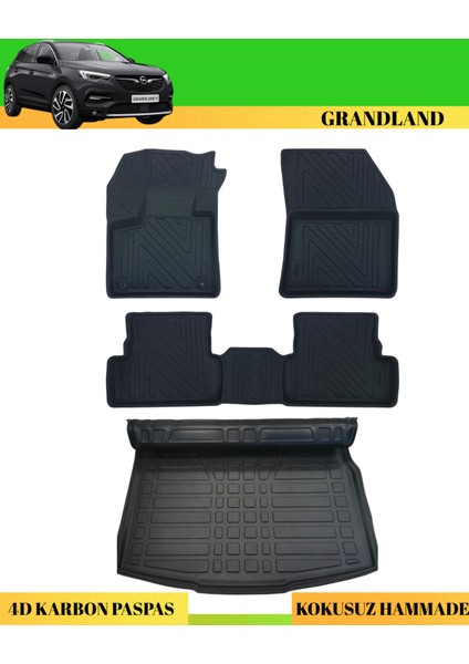 Opel Grandland 2016-2023 Araca Özel Üretim 4d Havuzlu Karbon Paspas Takımı + 3D Bagaj Havuzu Üst