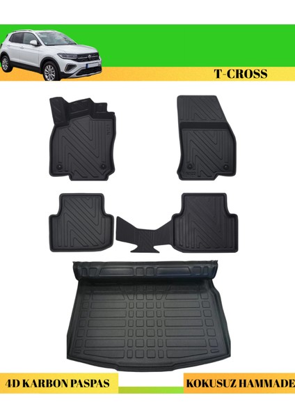Volkswagen T-Cross 2019+ Araca Özel Üretim 4d Havuzlu Karbon Paspas Takımı + 3D Bagaj Havuzu Alt