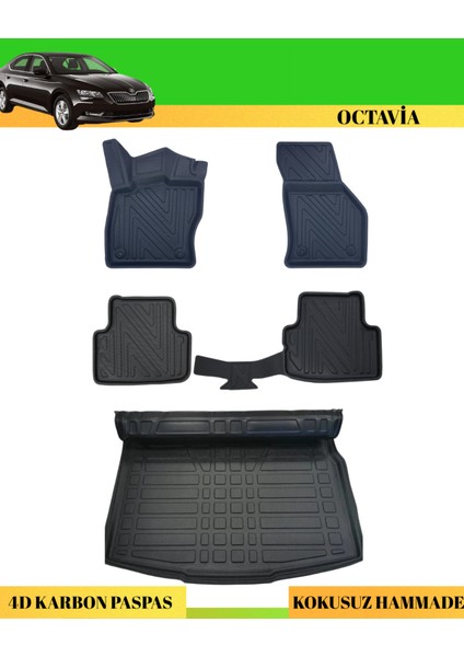 Skoda Octavia 2013-2018 Araca Özel Üretim 4d Havuzlu Karbon Paspas Takımı + 3D Bagaj Havuzu