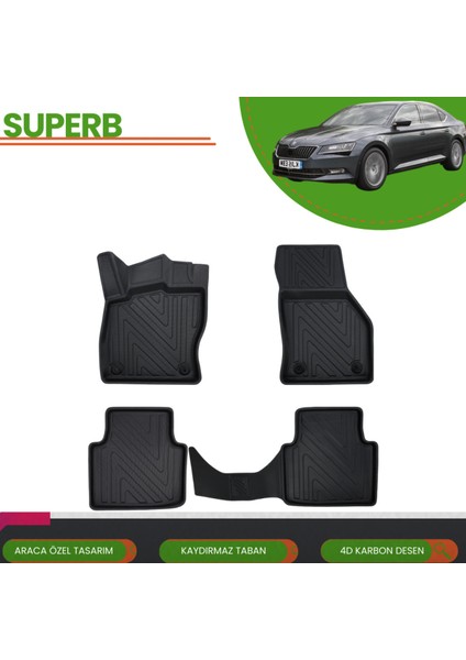 Skoda Superb 2015-2020 Araca Özel 4d Havuzlu Paspas Takımı (Karbon)