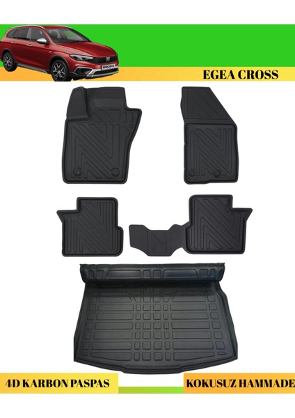 Fiat Egea Cross 2020+ Araca Özel Üretim 4d Havuzlu Karbon Paspas Takımı + 3D Bagaj Havuzu