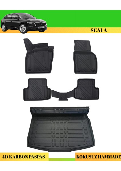 Skoda Scala 2018+ Araca Özel Üretim 4d Havuzlu Karbon Paspas Takımı + 3D Bagaj Havuzu