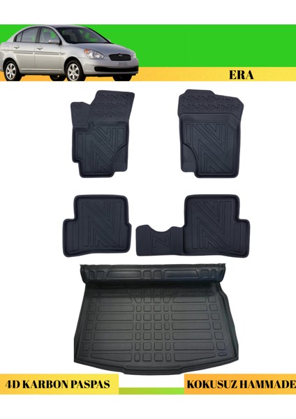 Hyundai Accent Era Araca Özel Üretim 4d Havuzlu Karbon Paspas Takımı + 3D Bagaj Havuzu