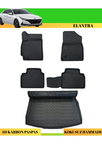 Hyundai Elantra 2021+ Araca Özel Üretim 4d Havuzlu Karbon Paspas Takımı + 3D Bagaj Havuzu