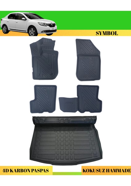 Renault Symbol 2013+ Araca Özel Üretim 4d Havuzlu Karbon Paspas Takımı + 3D Bagaj Havuzu