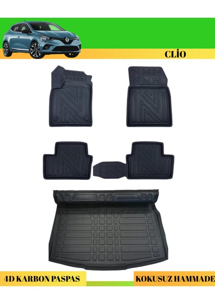 Renault Clio 5 2019+ Araca Özel Üretim 4d Havuzlu Karbon Paspas Takımı + 3D Bagaj Havuzu