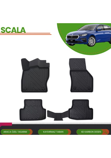 Skoda Scala 2019+ Araca Özel Üretim 4d Havuzlu Paspas Takımı (Karbon)
