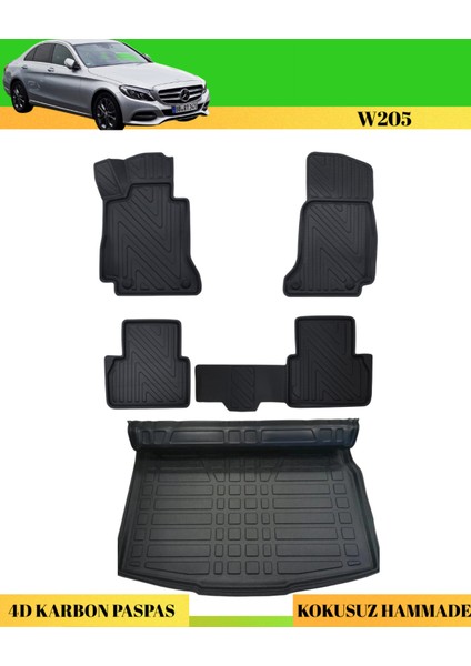 Mercedes W205 Araca Özel Üretim 4d Havuzlu Karbon Paspas Takımı + 3D Bagaj Havuzu Rampalı