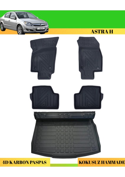 Opel Astra H Sd 2004+ Araca Özel Üretim 4d Havuzlu Karbon Paspas Takımı + 3D Bagaj Havuzu