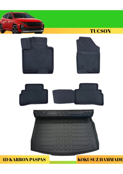 Tucson 2021+ Elite Comfort Araca Özel Üretim 4d Havuzlu Karbon Paspas Takımı + 3D Bagaj Havuzu