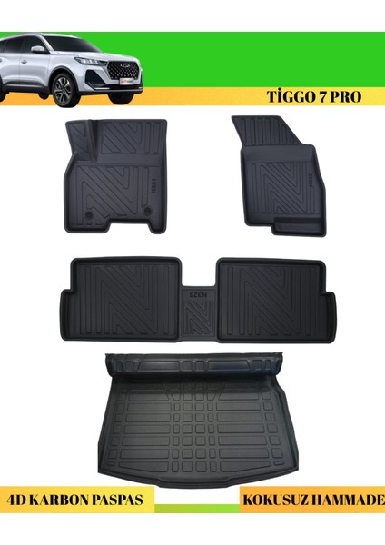 Chery Tiggo 7 Pro 2022+ Araca Özel Üretim 4d Havuzlu Karbon Paspas Takımı + 3D Bagaj Havuzu