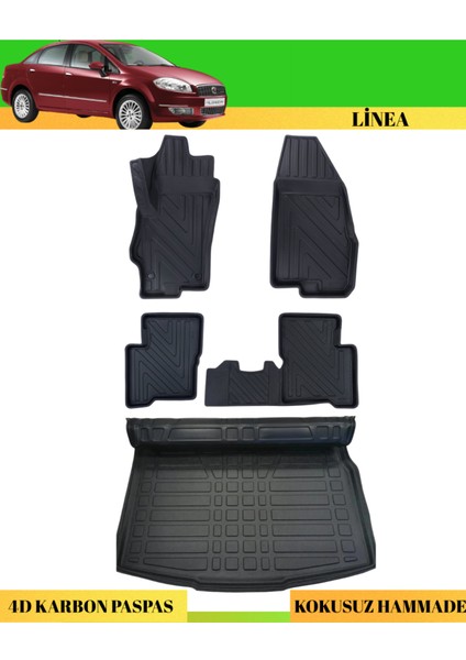 Fiat Linea 2007+ Araca Özel Üretim 4d Havuzlu Karbon Paspas Takımı + 3D Bagaj Havuzu