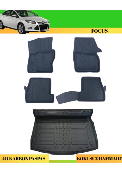 Ford Focus 3/3,5 2011-2017 Sd Araca Özel Üretim 4d Havuzlu Karbon Paspas Takımı + 3D Bagaj Havuzu