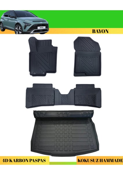 Hyundai Bayon 2020+ Araca Özel Üretim 4d Havuzlu Karbon Paspas Takımı + 3D Bagaj Havuzu
