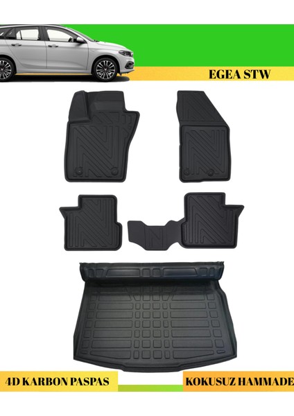 Fiat Egea Stw 2015+ Araca Özel Üretim 4d Havuzlu Karbon Paspas Takımı + 3D Bagaj Havuzu Üst