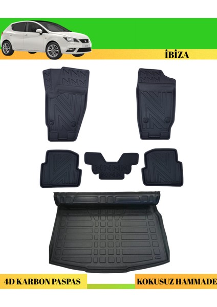 Seat Ibiza 2008-2017 Araca Özel Üretim 4d Havuzlu Karbon Paspas Takımı + 3D Bagaj Havuzu