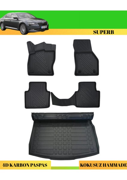 Skoda Superb 2015-2022 Araca Özel Üretim 4d Havuzlu Karbon Paspas Takımı + 3D Bagaj Havuzu