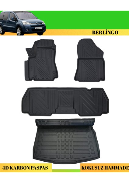 Citroen Berlingo 2008-2018 Araca Özel Üretim 4d Havuzlu Karbon Paspas Takımı + 3D Bagaj Havuzu
