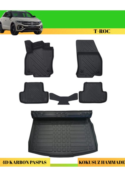 Volkswagen T-Roc 2018+ Araca Özel Üretim 4d Havuzlu Karbon Paspas Takımı + 3D Bagaj Havuzu Alt