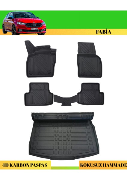 Skoda Fabia 2022+ Araca Özel Üretim 4d Havuzlu Karbon Paspas Takımı + 3D Bagaj Havuzu