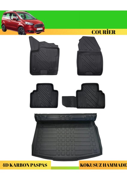 Ford Courier 2014-2023 Araca Özel Üretim 4d Havuzlu Karbon Paspas Takımı + 3D Bagaj Havuzu