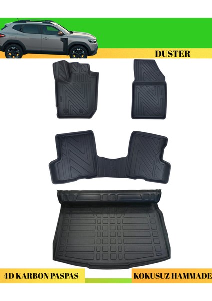 Dacia Duster 2024+ 4x4 Araca Özel Üretim 4d Havuzlu Karbon Paspas Takımı + 3D Bagaj Havuzu