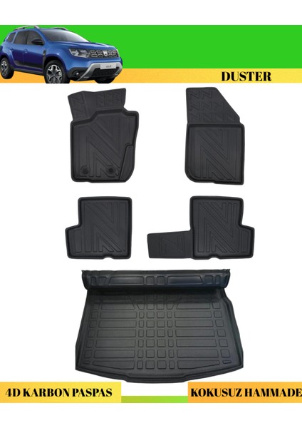 Dacia Duster 2018-2022 4x4 Araca Özel Üretim 4d Havuzlu Karbon Paspas Takımı + 3D Bagaj Havuzu