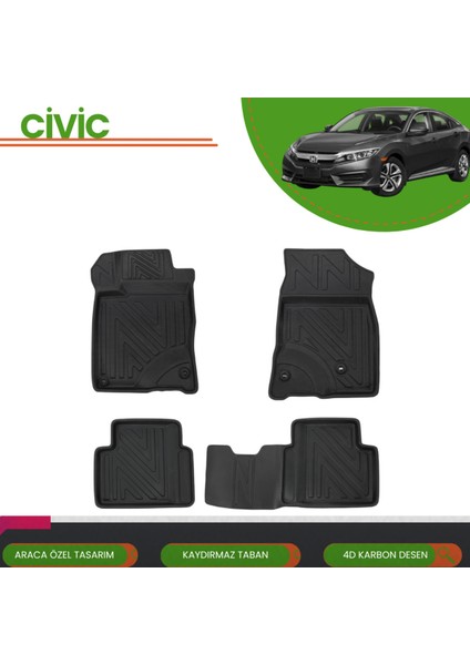 Honda Civic 2016-2020 4d Araca Özel Havuzlu Paspas Takımı (Karbon)