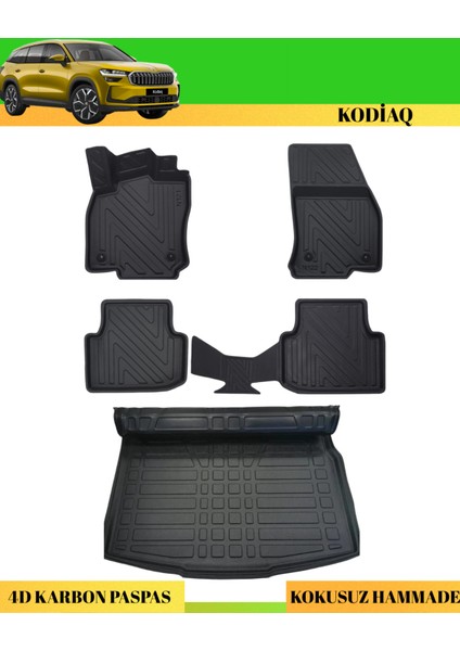 Skoda Kodiaq 2017-2023 Araca Özel Üretim 4d Havuzlu Karbon Paspas Takımı + 3D Bagaj Havuzu