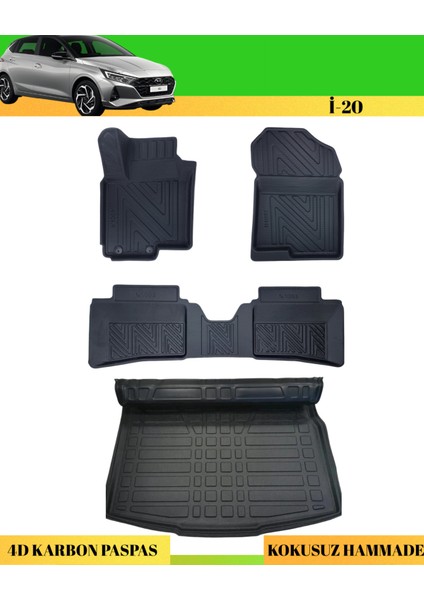 Hyundai I20 2020+ Elite-Jumpy-Style Araca Özel Üretim Karbon Paspas Takımı + Bagaj Havuzu