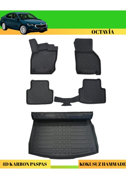 Skoda Octavia 2020+ Araca Özel Üretim 4d Havuzlu Karbon Paspas Takımı + 3D Bagaj Havuzu