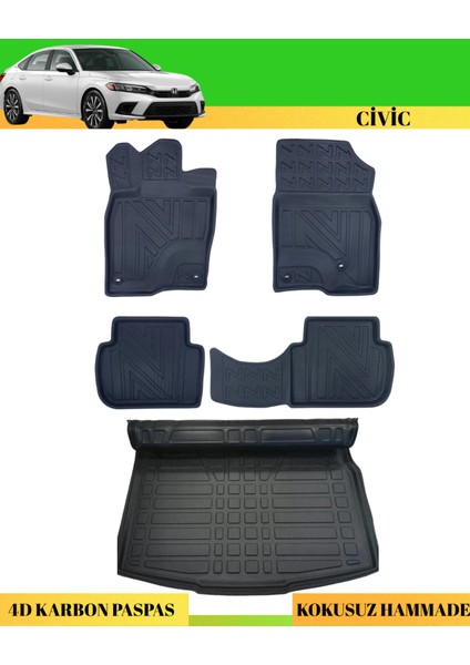 Honda Civic 2021+ Araca Özel Üretim 4d Havuzlu Karbon Paspas Takımı + 3D Bagaj Havuzu