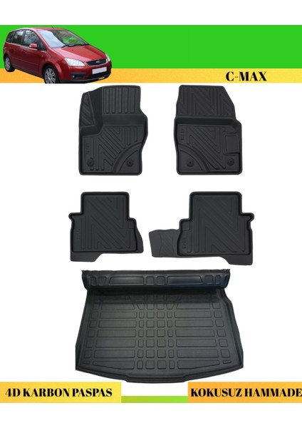 Ford C-Max 2004-2010 Araca Özel Üretim 4d Havuzlu Karbon Paspas Takımı + 3D Bagaj Havuzu