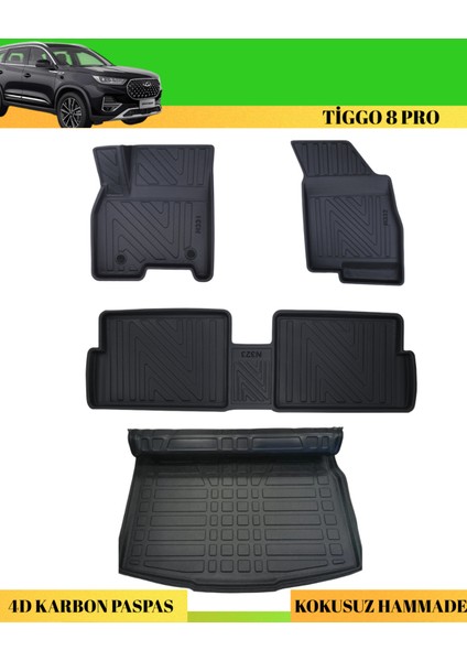 Chery Tiggo 8 Pro 5koltuk Araca Özel Üretim 4d Havuzlu Karbon Paspas Takımı + 3D Bagaj Havuzu