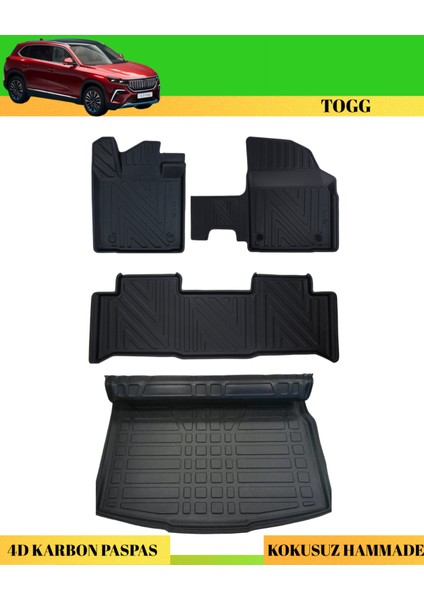 Togg T10X 2023+ Araca Özel Üretim 4d Havuzlu Karbon Paspas Takımı + 3D Bagaj Havuzu