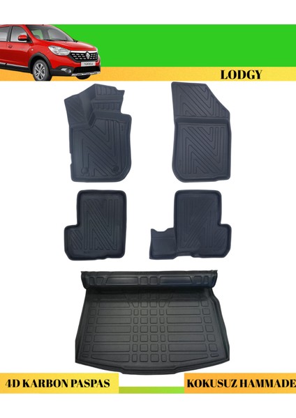 Dacia Lodgy 2012+ Araca Özel Üretim 4d Havuzlu Karbon Paspas Takımı + 3D Bagaj Havuzu