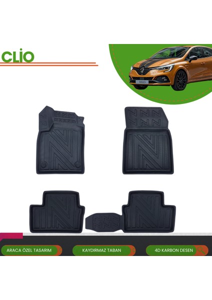 Renault Clio 5 2019+ Araca Özel 4d Havuzlu Paspas Takımı (Karbon)