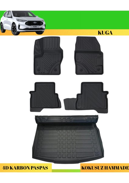 Ford Kuga 2020+ Araca Özel Üretim 4d Havuzlu Karbon Paspas Takımı + 3D Bagaj Havuzu