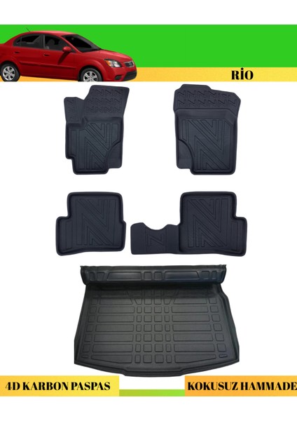 Kia Rio 2005-2011 Sd Araca Özel Üretim 4d Havuzlu Karbon Paspas Takımı + 3D Bagaj Havuzu