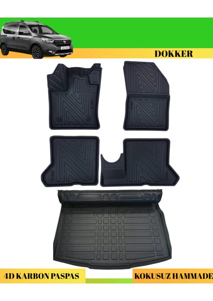 Dacia Dokker 2012+ Araca Özel Üretim 4d Havuzlu Karbon Paspas Takımı + 3D Bagaj Havuzu