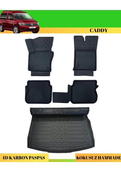 Volkswagen Caddy 2010-2020 Araca Özel Üretim 4d Havuzlu Karbon Paspas Takımı + 3D Bagaj Havuzu