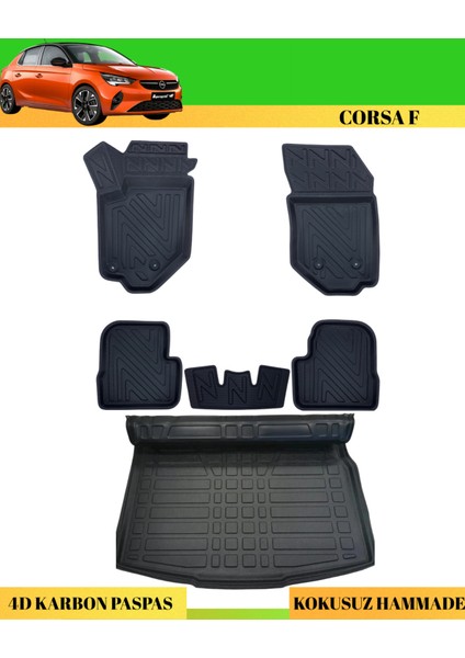 Opel Corsa F 2019+ Araca Özel Üretim 4d Havuzlu Karbon Paspas Takımı + 3D Bagaj Havuzu