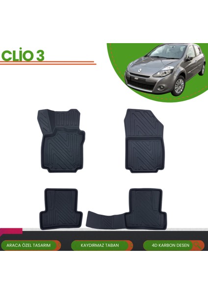 Renault Clio 3 Hb 2005-2012 Araca Özel 4d Havuzlu Paspas Takımı (Karbon)